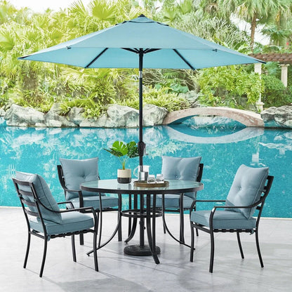 Hanover Lavallette Set da pranzo a 5 pezzi in blu oceano con 4 sedie fisse, tavolo rotondo da 52 pollici con ripiano in vetro, ombrellone e base