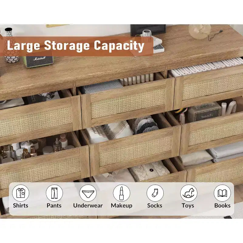 Comò per camera da letto, cassettiera a 9 cassetti in rattan per armadio, cassettiere e cassettoni doppi in legno