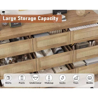 Comò per camera da letto, cassettiera a 9 cassetti in rattan per armadio, cassettiere e cassettoni doppi in legno