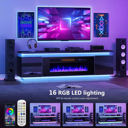 Meuble TV Skyzoo avec foyer électrique intégré, pour téléviseurs jusqu'à 80 pouces, avec lumières LED et 4 prises CA, console TV pour salon
