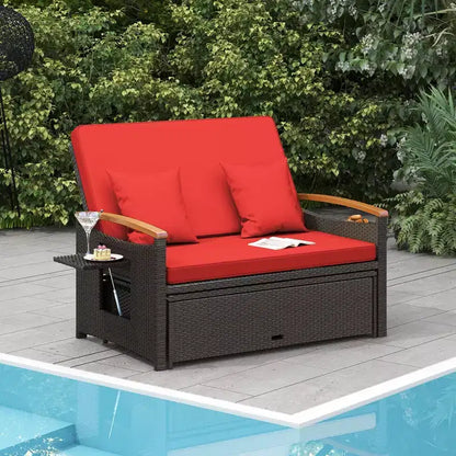 Set divano letto in rattan per esterni Costway con divanetto imbottito e poggiapiedi contenitore per veranda Beige/Blu marino/Rosso/Turchese/Nero/Grigio
