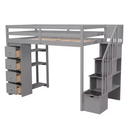 Lit mezzanine double en bois Whisen avec tiroirs de rangement, escalier et étagères