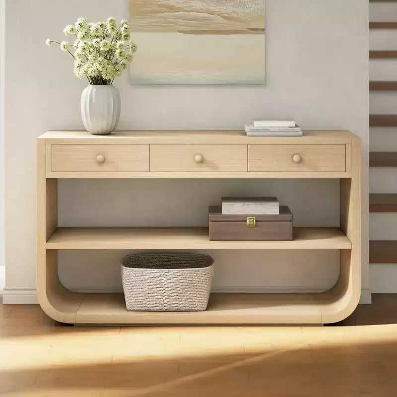 ModernLuxe Tavolo curvo da ingresso, Tavolo consolle, Tavolino da divano, Espositore, Tavolino d'appoggio con 3 cassetti a chiusura ammortizzata e 2 ripiani aperti
