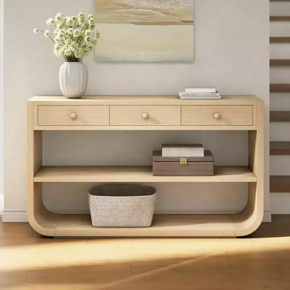 ModernLuxe Tavolo curvo da ingresso, Tavolo consolle, Tavolino da divano, Espositore, Tavolino d'appoggio con 3 cassetti a chiusura ammortizzata e 2 ripiani aperti