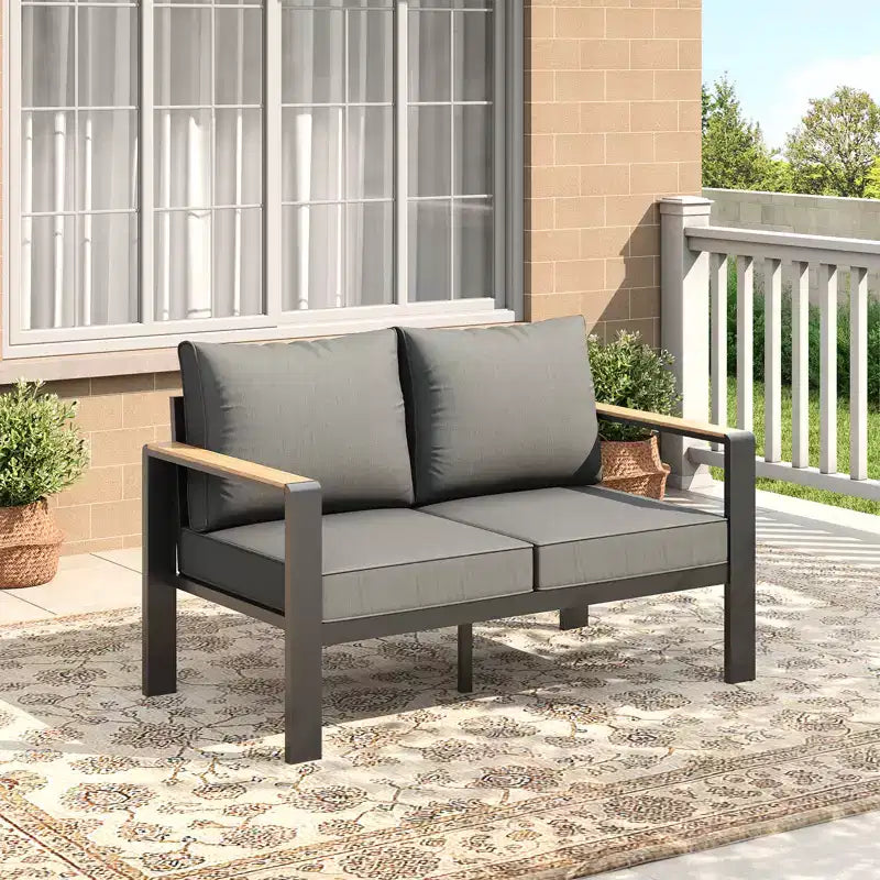 Salon de jardin en aluminium, canapé d'extérieur modulable avec 5 coussins épais, 4 accoudoirs et table basse pour jardin, terrasse, arrière-cour