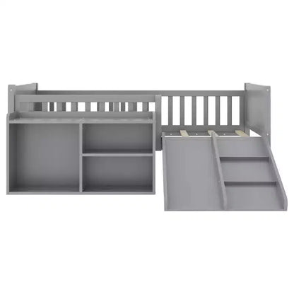 Lit superposé simple Whisen pour enfant avec toboggan, étagère de rangement mobile, balustrades, cadre de lit mezzanine bas