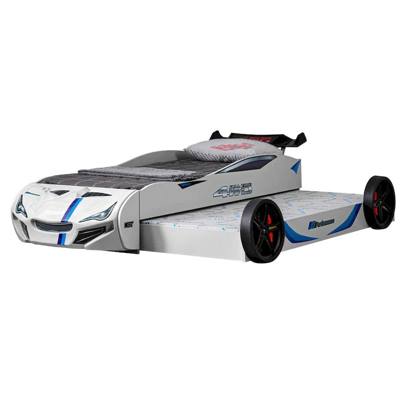 Lit enfant voiture de course double avec lit gigogne, finition brillante, pas besoin de sommier tapissier