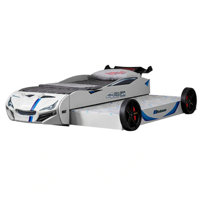 Lit enfant voiture de course double avec lit gigogne, finition brillante, pas besoin de sommier tapissier