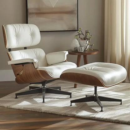 Chaise longue et pouf d'appoint en cuir pleine fleur de style Mid-century