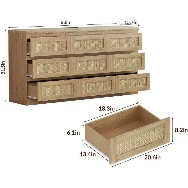 Comò per camera da letto, cassettiera a 9 cassetti in rattan per armadio, cassettiere e cassettoni doppi in legno