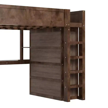Lit mezzanine Whisen Wooden Queen avec armoire et bureau, tête de lit intégrée avec rangement
