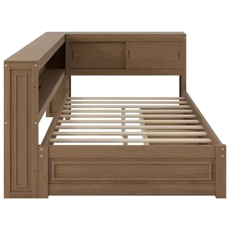 Letto angolare a grandezza naturale con cassetti portaoggetti, libreria, struttura letto a giorno in legno a forma di L con testiera a libreria per soggiorno