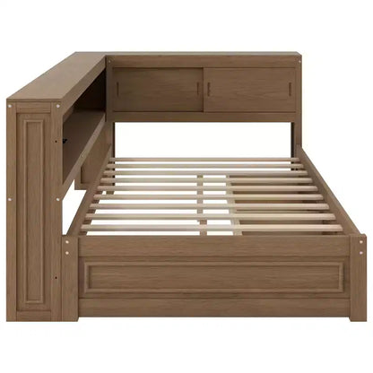 Letto angolare a grandezza naturale con cassetti portaoggetti, libreria, struttura letto a giorno in legno a forma di L con testiera a libreria per soggiorno