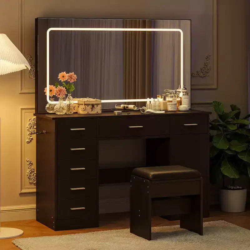 Toeletta Trucco con Specchio a LED a 3 Modalità e Prese di Ricarica, Grande Scrivania da Trucco con 7 Cassetti e Mobile Contenitore, Tavolo da Toeletta Moderno