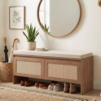 Panca portascarpe FurnitureR in rattan con cuscino, scarpiera compatta con ante per ingresso, organizer per piccoli spazi, scarpiera nascosta con seduta