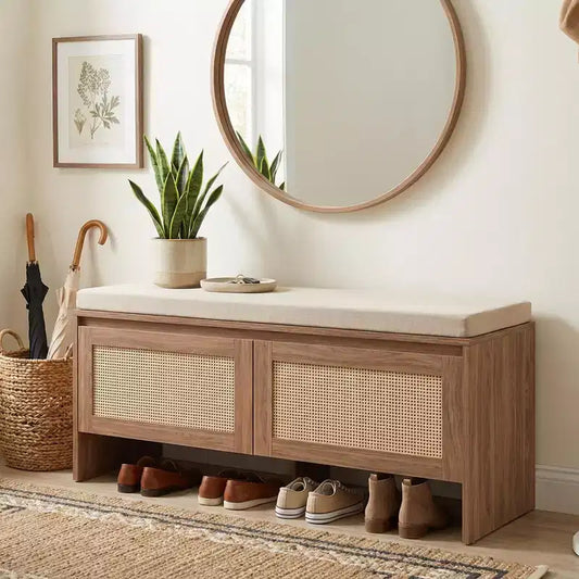 Panca portascarpe FurnitureR in rattan con cuscino, scarpiera compatta con ante per ingresso, organizer per piccoli spazi, scarpiera nascosta con seduta
