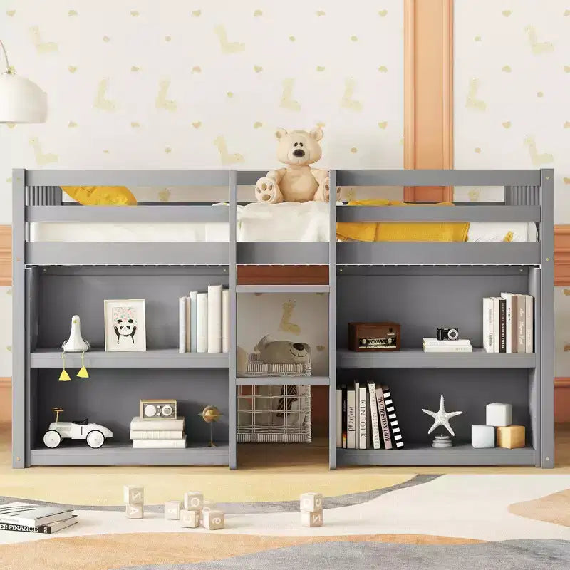 Whisen Letto a soppalco basso per bambini, dimensioni letto singolo, 79,8''L * 43,9''W, con due ripiani e luci LED