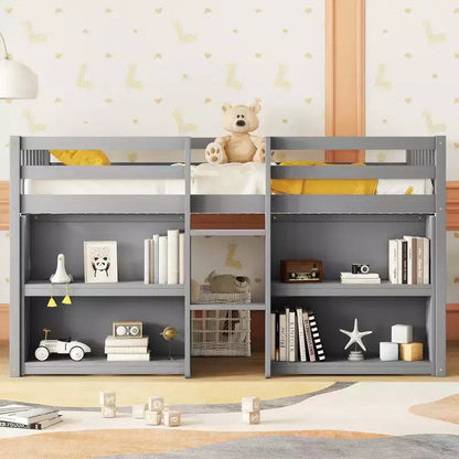 Whisen Letto a soppalco basso per bambini, dimensioni letto singolo, 79,8''L * 43,9''W, con due ripiani e luci LED