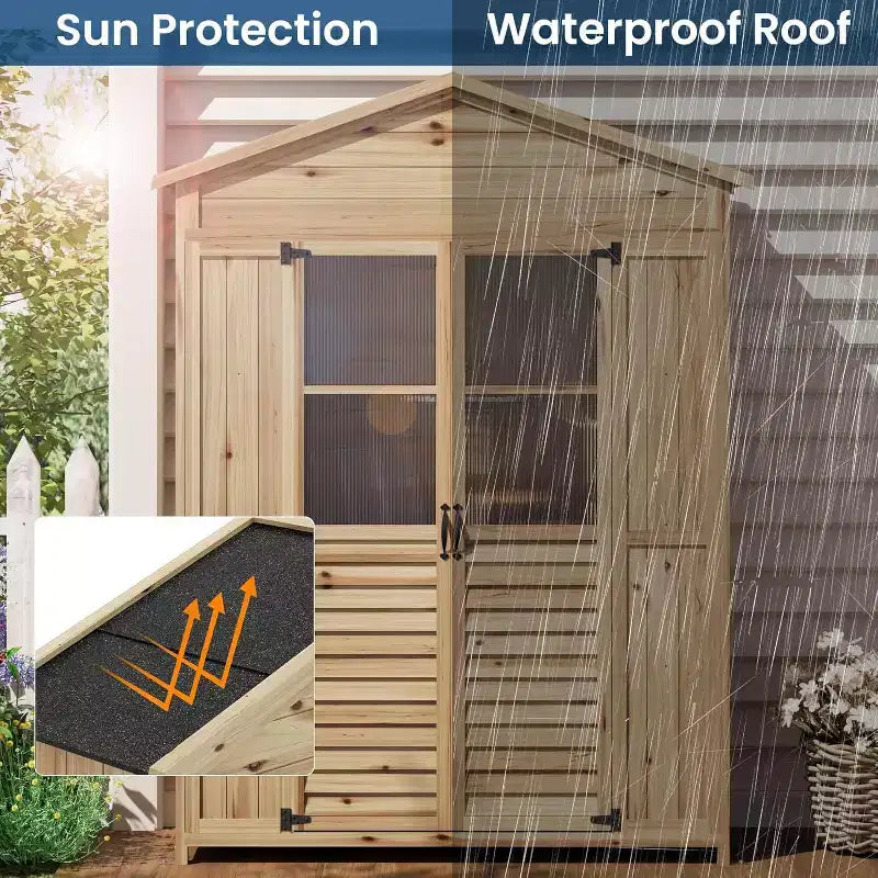 Mobile da Patio in Legno Resistente alle Intemperie Abete con Tetto Impermeabile, 6 Ripiani Regolabili, Pali di Fissaggio e Kit Anti-Caduta Ideale per Attrezzi da Giardino