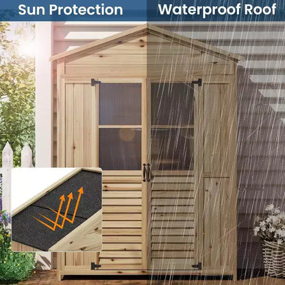 Mobile da Patio in Legno Resistente alle Intemperie Abete con Tetto Impermeabile, 6 Ripiani Regolabili, Pali di Fissaggio e Kit Anti-Caduta Ideale per Attrezzi da Giardino