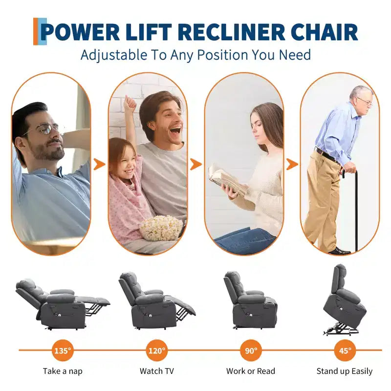 Fauteuil inclinable électrique releveur, fauteuils inclinables électriques pour personnes âgées avec fonction chauffante et massante, aide à la levée, porte-gobelets, poche latérale, pour salon