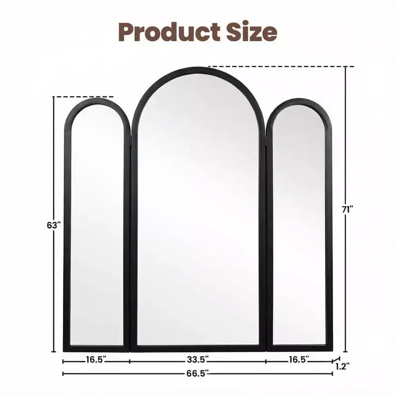 Specchio a tre ante Dovelina 71A*66.5L, specchio a figura intera ad arco reclinabile per soggiorno, sala da pranzo, ingresso, camera da letto, telaio in metallo/legno disponibile