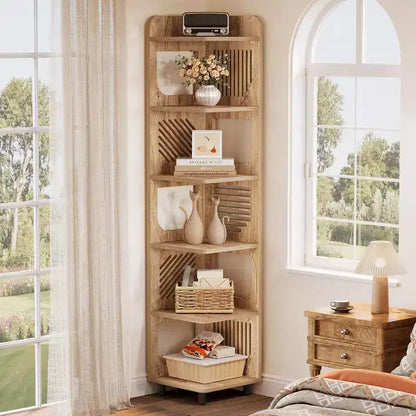 Étagère d'angle Lantine à 6 niveaux, bibliothèque haute rustique de 180 cm pour salon, chambre, bureau