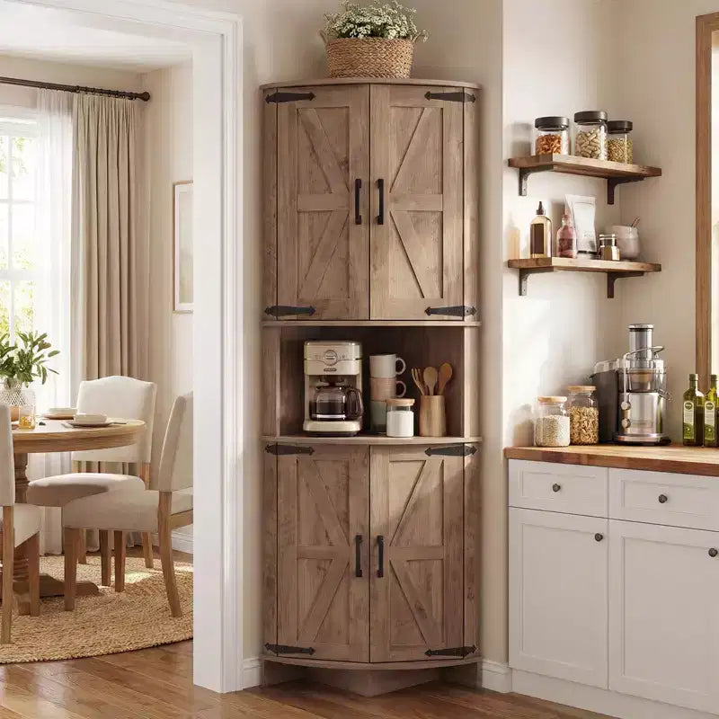 COZONY 65 Armadietto angolare rustico con ante e ripiani regolabili, Armadietto alto per dispensa ad angolo per cucina soggiorno