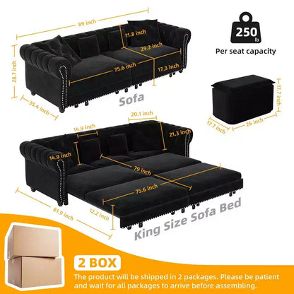 Canapé-lit gigogne 3-en-1 King Size Whisen Velvet et canapé convertible avec pouf mobile, design capitonné