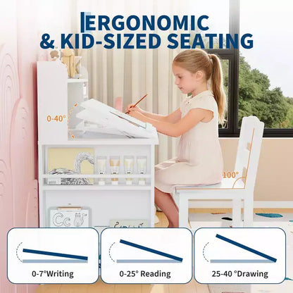 Set scrivania e sedia per bambini, con libreria superiore e piano inclinabile, tavolo da studio per bambini, scrivania per studenti, per camera da letto, casa