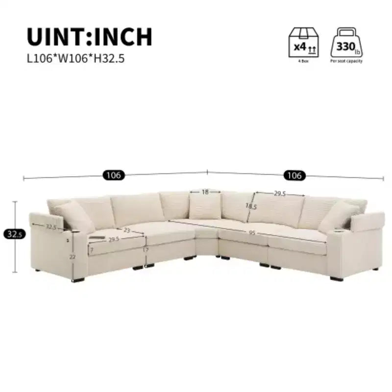 Divano trasformabile a L da 106 pollici, in velluto a coste con contenitore, portabicchieri, USB, design modulare per soggiorno