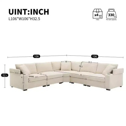 Divano trasformabile a L da 106 pollici, in velluto a coste con contenitore, portabicchieri, USB, design modulare per soggiorno