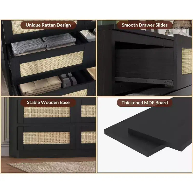 Comò per camera da letto, cassettiera a 9 cassetti in rattan per armadio, cassettiere e cassettoni doppi in legno