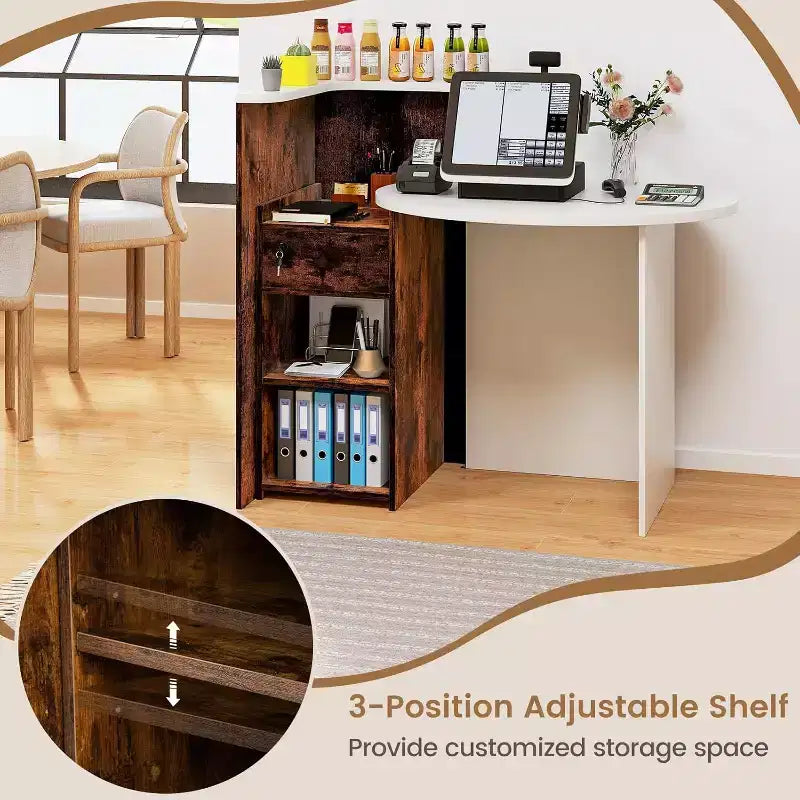 Costway Bancone per Reception, Scrivania da Ufficio con Ripiano Aperto e Cassetto con Serratura, Bianco/Marrone/Nero