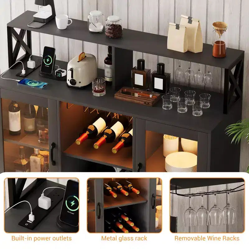 Mobile Bar per la Casa, Mobile Bar con Prese di Corrente, Porta Bicchieri, Mobile Vino con Vani Portaoggetti, Mobile Vino con Ripiani per Cucina e Casa