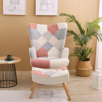 Fauteuil d'appoint avec pouf, ensemble fauteuil et pouf de salon, fauteuil d'appoint confortable pour chambre à coucher, surface en tissu à épissures créatives