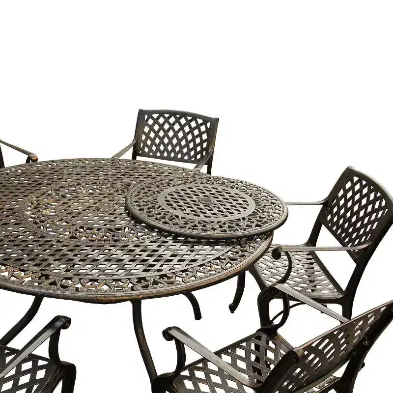 Set da pranzo da esterni da 7 pezzi con tavolo rotondo da 150 cm in alluminio a rete decorata, tradizionale e moderno-contemporaneo - Bronzo - Oakland Living