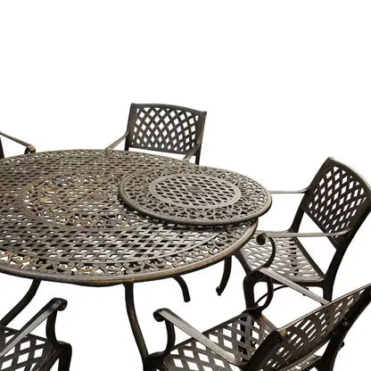 Set da pranzo da esterni da 7 pezzi con tavolo rotondo da 150 cm in alluminio a rete decorata, tradizionale e moderno-contemporaneo - Bronzo - Oakland Living