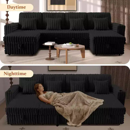 MooxvMoo Divano letto a U 124" con contenitore, divano convertibile di grandi dimensioni con letto estraibile, schienale regolabile, porte USB e portabicchieri, nero