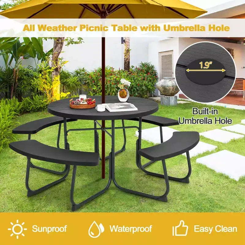 Costway Set Tavolo da Picnic Rotondo da Esterno a 8 Posti con 4 Panche e Foro per Ombrellone Nero/Grigio/Verde/Bianco