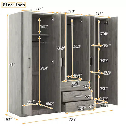 Armoire 6 portes en bois avec tiroirs pour chambre à coucher