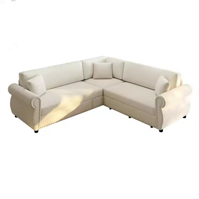 Canapé convertible d'angle 5 places Homy Casa 88 avec lit gigogne, revêtement chenille, beige