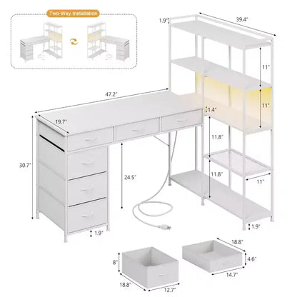 Scrivania per computer a L da 47" con 6 cassetti e mensole a 5 ripiani, scrivania angolare reversibile da gaming con luci LED e prese di corrente