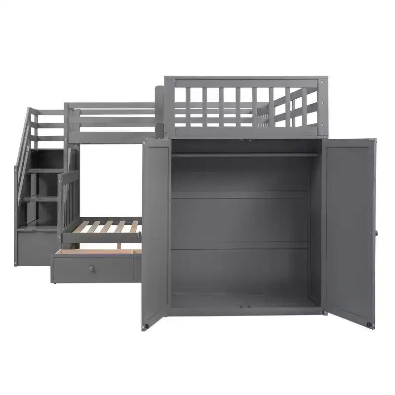Lit superposé en L Whisen Modern Design (jumeau sur grand) avec 3 tiroirs, bureau portable et armoire