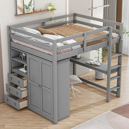Letto a soppalco matrimoniale in legno con armadio a muro, scrivania, ripiani e cassetti portaoggetti