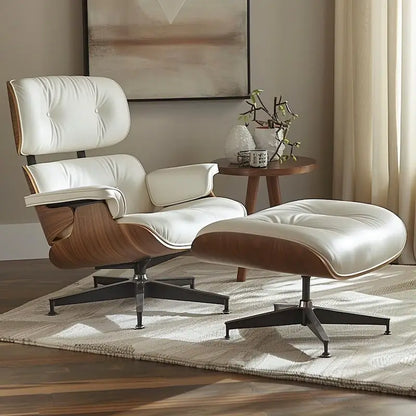 Chaise longue et pouf d'appoint en cuir pleine fleur de style Mid-century