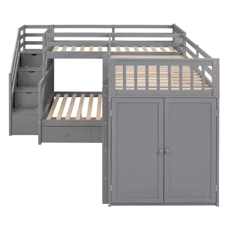 Lit superposé en L Whisen Modern Design (jumeau sur grand) avec 3 tiroirs, bureau portable et armoire