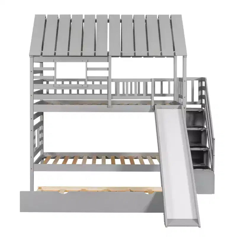 Letto a Castello Whisen Twin over Twin con Letto Estraibile e Scivolo, Scala Contenitore, Design Tetto e Finestra