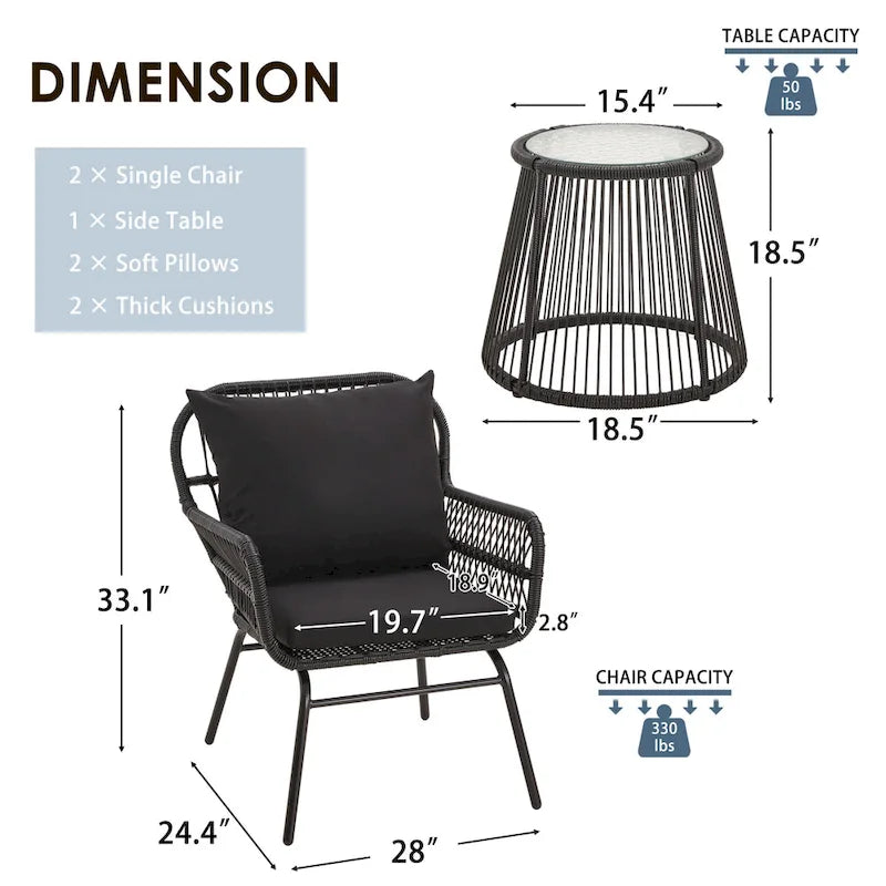 Set da Bistrot da Esterno in Rattan da 3 Pezzi, Set di Mobili da Giardino con Tavolo in Vetro e 2 Ampie Poltrone, Cuscini Inclusi