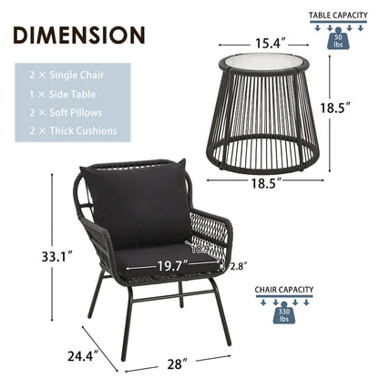 Set da Bistrot da Esterno in Rattan da 3 Pezzi, Set di Mobili da Giardino con Tavolo in Vetro e 2 Ampie Poltrone, Cuscini Inclusi